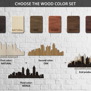 May include: Wooden skyline art of Atlanta, Georgia, in various wood colours: Wenge, Natural, Oak, Alder, Walnut, and Cherry. The image shows how to combine colours to create a unique piece. Text reads "Choose the Wood Colour Set."