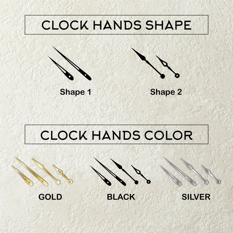 May include: Clock hands in two different shapes and three different colors. The shapes are labeled "Shape 1" and "Shape 2". The colors are labeled "Gold", "Black", and "Silver".