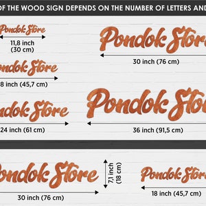May include: A chart showing the height of wooden signs in inches and centimeters, with the text "Pondok Store" in a stylized font. The height of the sign depends on the number of letters and words.