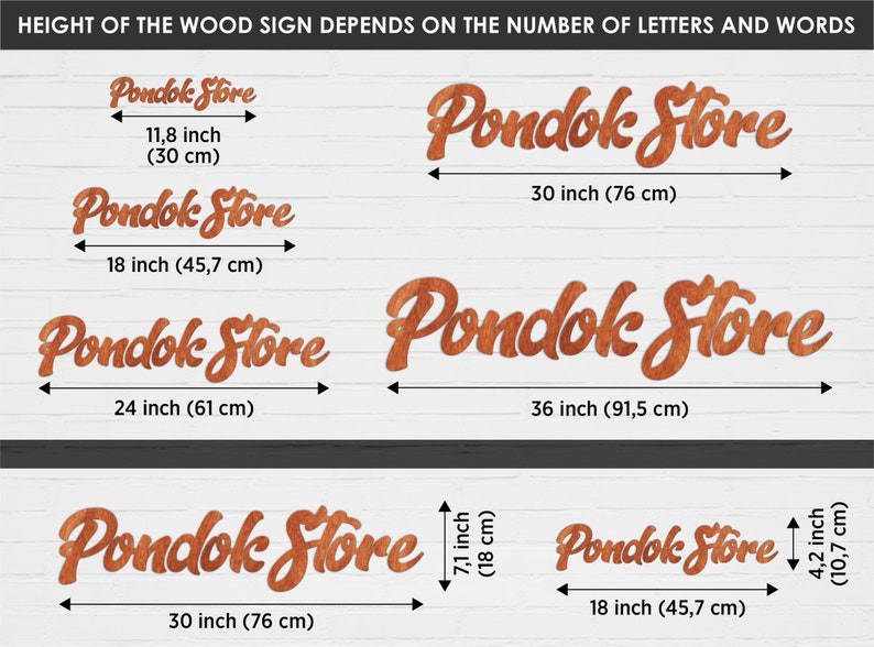 May include: A chart showing the height of wooden signs in inches and centimeters, with the text "Pondok Store" in a stylized font. The height of the sign depends on the number of letters and words.