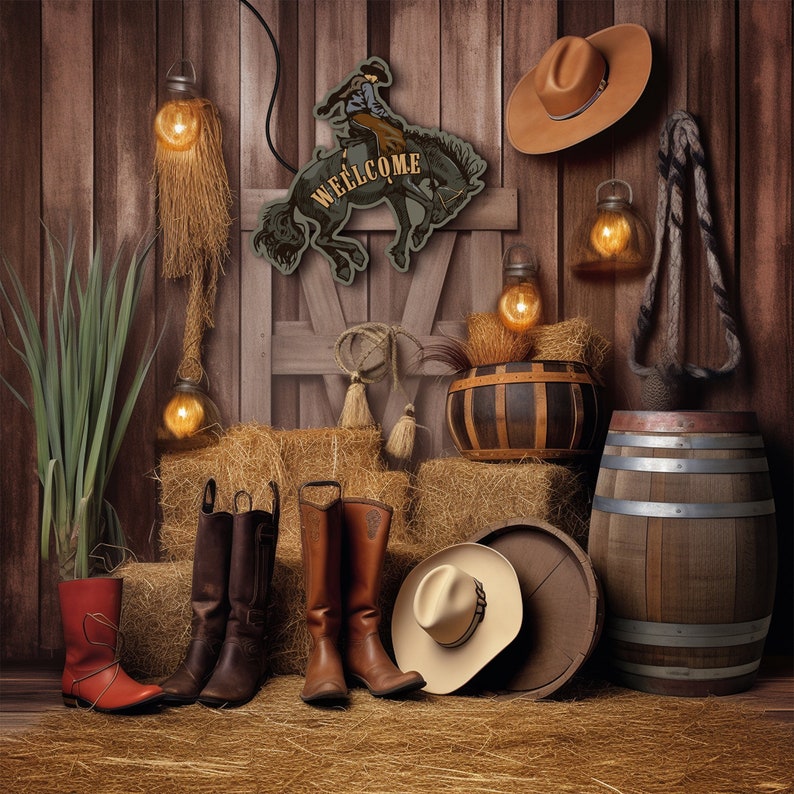 Op de afbeelding: Een rustieke houten muur met een western thema. Er zijn cowboylaarzen, een houten bord met de tekst "Welkom", een vat en een cowboyhoed.