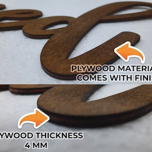May include: Close-up of a wooden letter "L" made from plywood. The letter is 4 mm thick and has a finished surface.