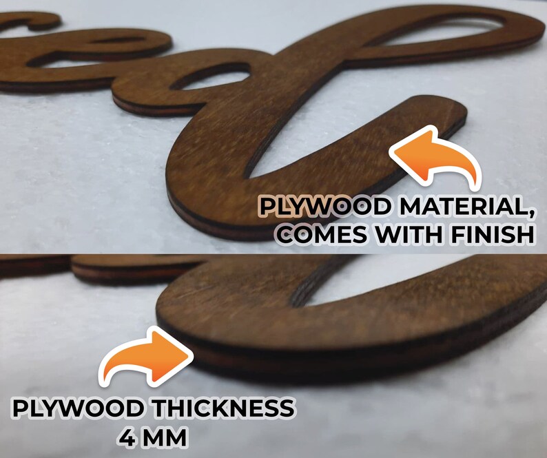 May include: Close-up of a wooden letter "L" made from plywood. The letter is 4 mm thick and has a finished surface.
