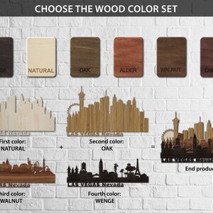 May include: A visual guide to choosing wood colours for a custom Las Vegas skyline wall art piece. The image shows six wood colour samples: Wenge, Natural, Oak, Alder, Walnut, and Cherry. The user can select from these colours to create a unique skyline design. The image also shows a sample of the finished product, which is a wooden silhouette of the Las Vegas skyline.
