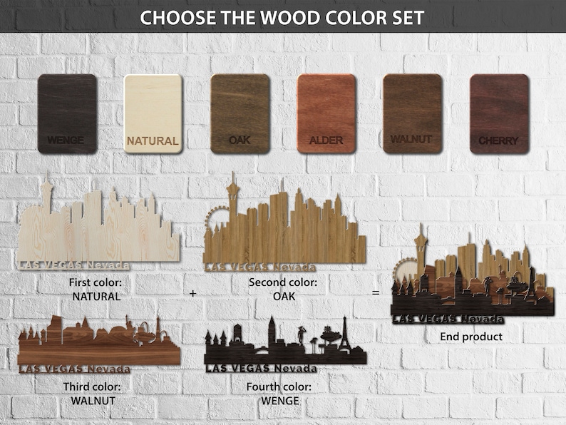 May include: A visual guide to choosing wood colours for a custom Las Vegas skyline wall art piece. The image shows six wood colour samples: Wenge, Natural, Oak, Alder, Walnut, and Cherry. The user can select from these colours to create a unique skyline design. The image also shows a sample of the finished product, which is a wooden silhouette of the Las Vegas skyline.