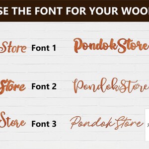 May include: Five different font styles for the text "Pondok Store" are shown in copper-colored lettering on a white brick background. The text "Handwriting sign" is also shown in black lettering.