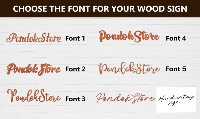 May include: Five different font styles for the text "Pondok Store" are shown in copper-colored lettering on a white brick background. The text "Handwriting sign" is also shown in black lettering.