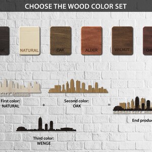 May include: A visual guide to choosing wood colours for a custom Kansas City skyline art piece. The image shows six wood colour samples: Wenge, Natural, Oak, Alder, Walnut, and Cherry. The skyline is shown in three different wood colours: Natural, Oak, and Wenge.
