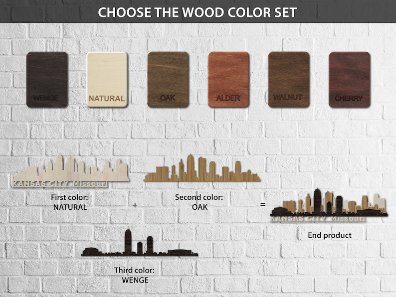 May include: A visual guide to choosing wood colours for a custom Kansas City skyline art piece. The image shows six wood colour samples: Wenge, Natural, Oak, Alder, Walnut, and Cherry. The skyline is shown in three different wood colours: Natural, Oak, and Wenge.