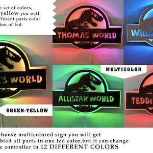 Pu&ograve; includere: Quattro cartelli in legno a tema dinosauro con nomi personalizzabili e una silhouette di dinosauro. Ogni cartello ha una luce LED di colore diverso: verde, blu, rosso e multicolore. I cartelli sono illuminati da un telecomando che ha 12 diverse opzioni di colore.