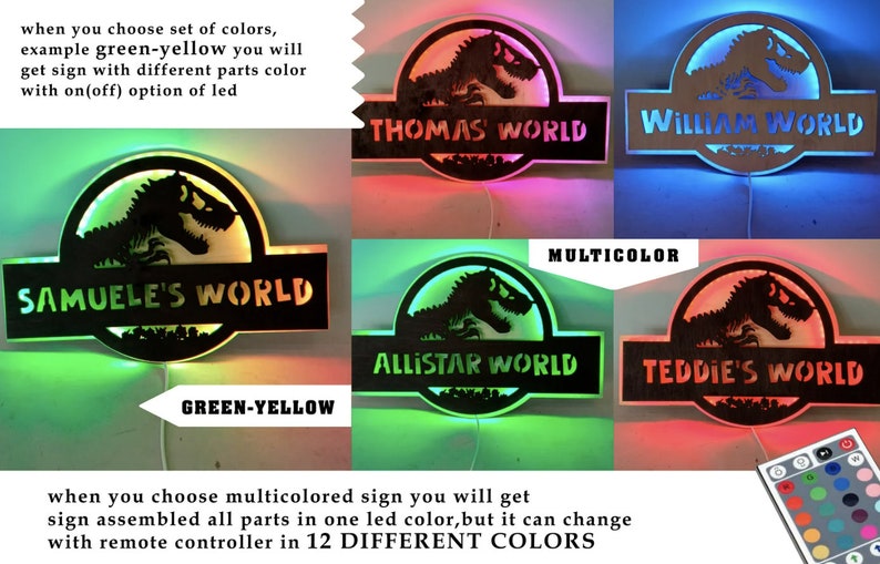 Pu&ograve; includere: Quattro cartelli in legno a tema dinosauro con nomi personalizzabili e una silhouette di dinosauro. Ogni cartello ha una luce LED di colore diverso: verde, blu, rosso e multicolore. I cartelli sono illuminati da un telecomando che ha 12 diverse opzioni di colore.