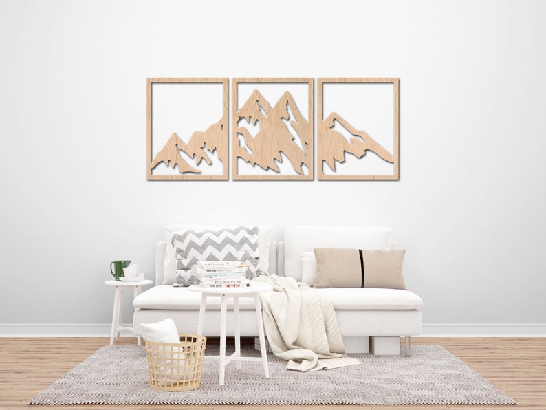 Mountain Wood Wall Art Set Wood Mountain Decor Wooden Etsy