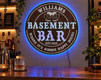 Custom Basement Bar LED Sign, Personalized Bar Wall Decor, Basement Bar Sign, Home Bar LED Sign, Wooden Bar Wall Art, Man Cave Decor