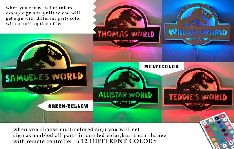 Op de afbeelding: Vier houten dinosaurusvormige borden met LED-verlichting. Elk bord heeft een andere naam: "Thomas World", "William World", "Samuele's World", "Allistar World" en "Teddie's World". De borden kunnen in groen en geel of in 12 verschillende kleuren worden verlicht met behulp van een afstandsbediening.