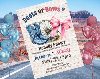 Rustic Boots or Bows Gender Reveal Invitation | Western Theme Editable Canva Template | Cowgirl Pink and Cowboy Blue Baby Shower Invite