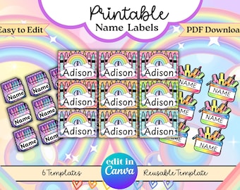 Editable School Label Templates for Kids & Teachers | Crayon Pencil Highlighter Name Tags | Printable Canva Labels | 6 Designs, 8.5x11