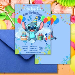 Modèle d'invitation d'anniversaire bleu point | Invitation de fête d'enfants modifiable | Motif recto-verso imprimable avec décoration de ballons mignons