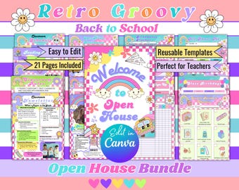 May include: A colorful digital bundle with a retro groovy theme for back to school. The design includes daisy flowers, rainbows, and the text "Welcome to Open House". Includes 21 pages of editable templates.