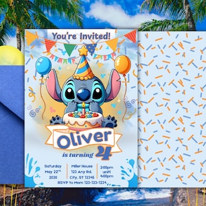 Modèle d'invitation d'anniversaire de point inspiré bleu | Invitation de fête d'enfants modifiable | Design recto-verso imprimable en toile avec décor de ballons