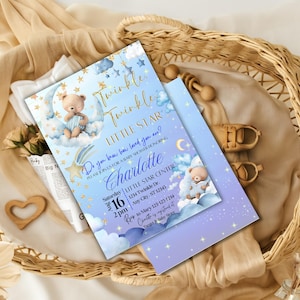 Twinkle Twinkle Little Star babyshower uitnodiging sjabloonbundel | Blauwe teddybeeruitnodiging voor sterrennacht | Bewerkbare canvas-uitnodiging voorkant achterkant