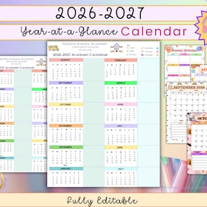 Academic Year Calendar 2026-2027 | School Year at a Glance Planner | Teacher Student Monthly Calendar | Birthday Tracker Canva Template