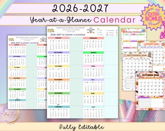 Calendario del año académico 2026-2027 / Planificador del año escolar de un vistazo / Calendario mensual para profesores y alumnos / Plantilla Canva para el seguimiento de cumpleaños
