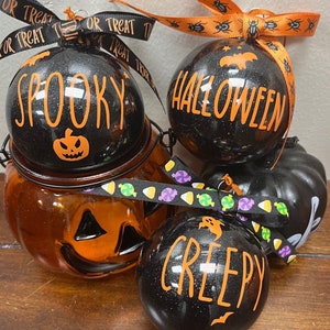 Handmade Glitter Halloween Ornaments: Black Vinyl Decal, Ribbon Bow (3 Piece Set)