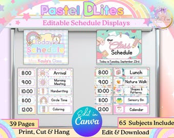 Visual Classroom Schedule Editable Canva Template | Pastel Kid-Friendly Bulletin Board & Homeschool Routine Chart 65 Subjects Activities