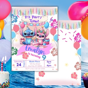 Modèle d'invitation d'anniversaire Stitch and Angel | Invitation tropicale modifiable de fête d'enfants | Conception recto/verso | Téléchargement canevas | Fichier imprimable