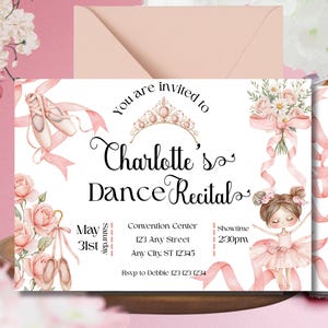 Ballett-Rezital-Einladung bearbeitbare Canva-Vorlage, rosa Ballerina-Tanz einladen mit floralem Tutu & Ballettschuhe, Vorderseite Rückseite Sofort-Download