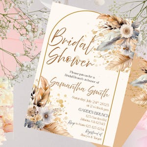 Boho Bridal Shower Invitation | Editable Canva Template | Floral Rose & Feathers | Instant Download + Free Thank You Card