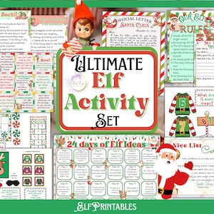 Puede incluir: Un colorido Ultimate Elf Activity Set con varios juegos imprimibles, cartas y certificados. El conjunto incluye un gráfico de Papá Noel, un elfo y el texto "Elf Printables". El letrero principal dice "Ultimate Elf Activity Set".