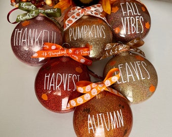 Fall autumn Rae Dunn inspired leaves harvest fall vibes pumpkins thankful Glitter shatterproof disc 3" ornaments fall home tree decor w/ bow