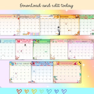 May include: A colorful calendar with months from August 2026 to August 2027, featuring decorative illustrations and the text "Download and edit today". Each month has a different theme, with a rainbow background and heart icons.