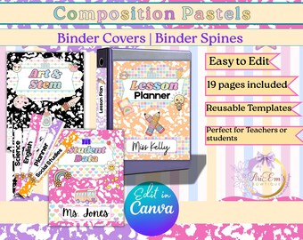 Pastel Composition Notebook Binder Covers and Binders Editable Teacher/Student Organization (Canva Template)