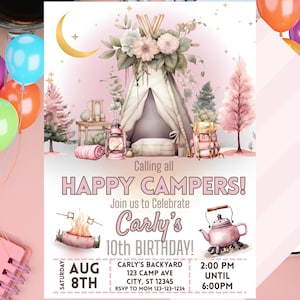 Fille rose bohème d'invitation d'anniversaire de camping | Faire-part de camping glamping | Tente forestière d'été modifiable S'mores | Téléchargement numérique