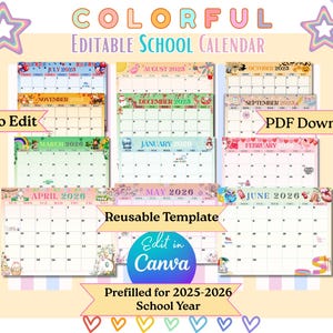 Kids Teacher Monthly Calendar 2025-2026 Printable & Editable Canva Template for School, Homeschool, Back to School Planner PDF Download