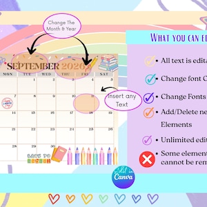 May include: A colorful September 2026 calendar with editable text and design elements. Features a school theme with illustrations of a school bus, books, pencils, and a globe. Includes text: "Change the Month & Year" and "Insert any Text".