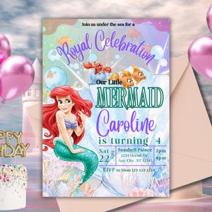 Faire-part d'anniversaire petite sirène - Invitation à une fête princesse sous la mer, téléchargement immédiat, modèle sur toile inspiré d'Ariel pour les filles