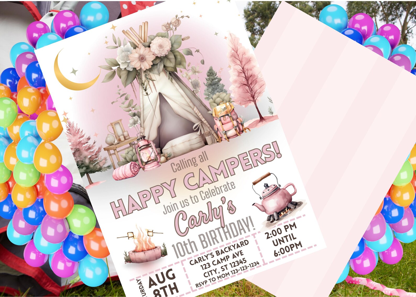 Pink Boho Camping Birthday Invitation, Glamping Card, Forest Tent Party ...