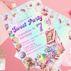 Invito per festa dolce modificabile, invito di compleanno Candy Land, tema dessert colorato, decorazione casa rosa, download digitale e modello Canva