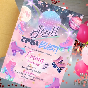 Convite de aniversário de patinação | Convite para festa infantil com tema espacial | Galaxy Skate rosa e roxo para impressão