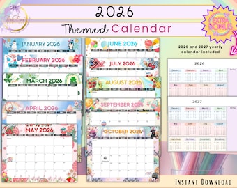 Pode incluir: Um calendário temático de 2026 colorido com layouts mensais, cada um com ilustrações únicas. Inclui um calendário anual de bónus de 2026 e 2027. A imagem tem o texto "2026 Themed Calendar" e "Instant Download".
