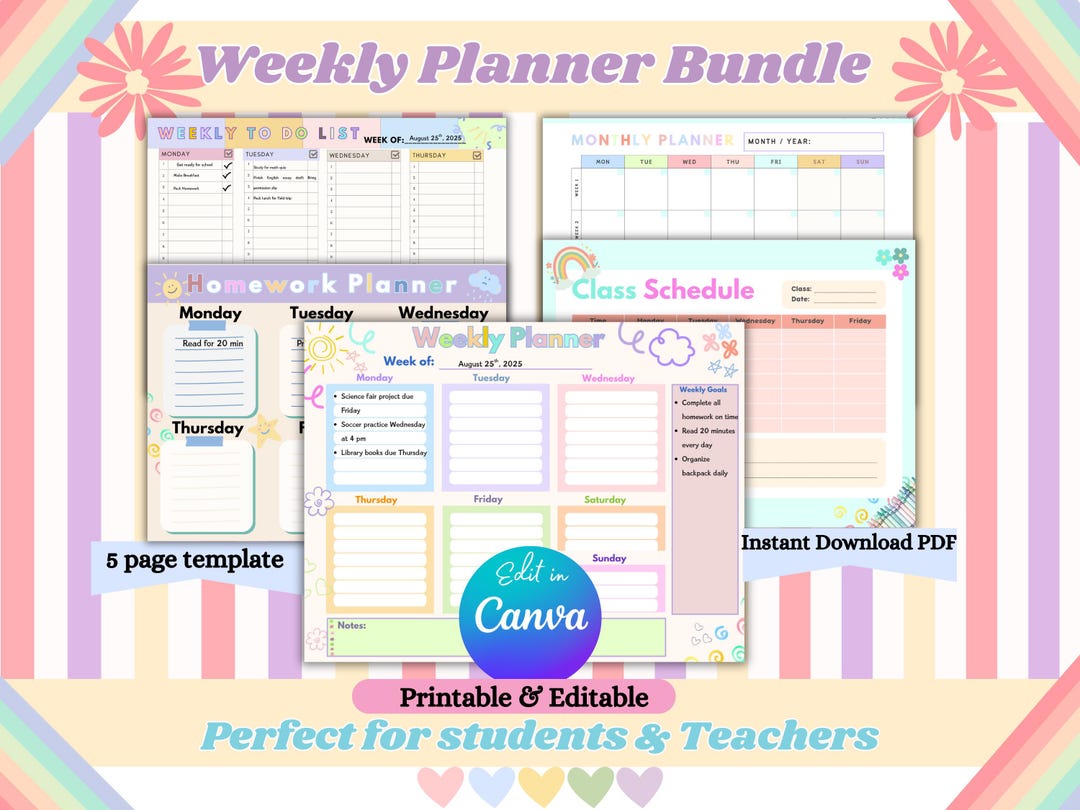 Editable Weekly Planner Bundle: Student & Teacher Canva Templates (PDF ...