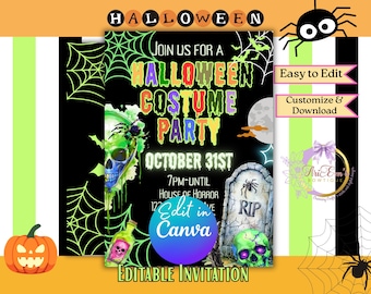 Editable Neon Creepy Skeleton Halloween Party Invitation | Canva Template for Costume, Spooktacular, Ghost, Halloween Bash, Digital Download