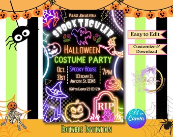 Neon Halloween Party Invitation | Spooky Bright Fun Canva Template | Editable Digital Download for Kids & Adult Halloween Bash