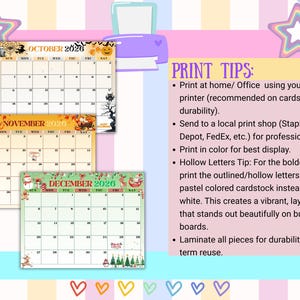 May include: A colorful calendar set for October, November, and December 2026, with seasonal themes. The October calendar features Halloween motifs, November has autumn elements, and December showcases Christmas designs. The image also includes print tips.