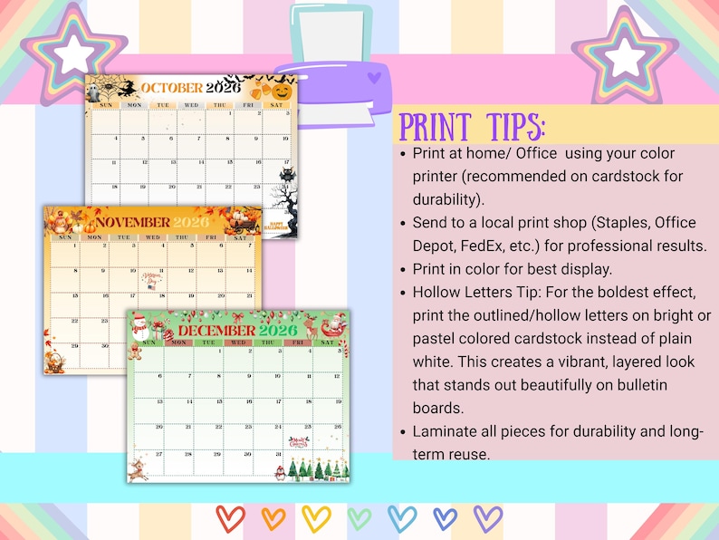 May include: A colorful calendar set for October, November, and December 2026, with seasonal themes. The October calendar features Halloween motifs, November has autumn elements, and December showcases Christmas designs. The image also includes print tips.