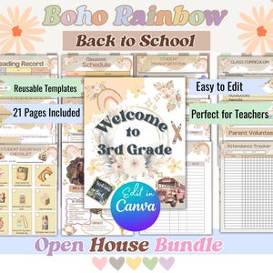 Op de afbeelding: Een verzameling afdrukbare sjablonen voor terug naar school met een boho regenboogthema. Bevat een leesverslag, klassenschema, leerlingentransport en meer. Met de tekst "Welcome to 3rd Grade" en "Edit in Canva".