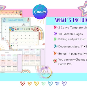 May include: Digital Canva calendar templates featuring monthly layouts for 2026 and 2027, with colorful illustrations. The image includes a list of included items: 2 Canva template links, 13 editable pages, and document sizes of 11x8.5 inches.
